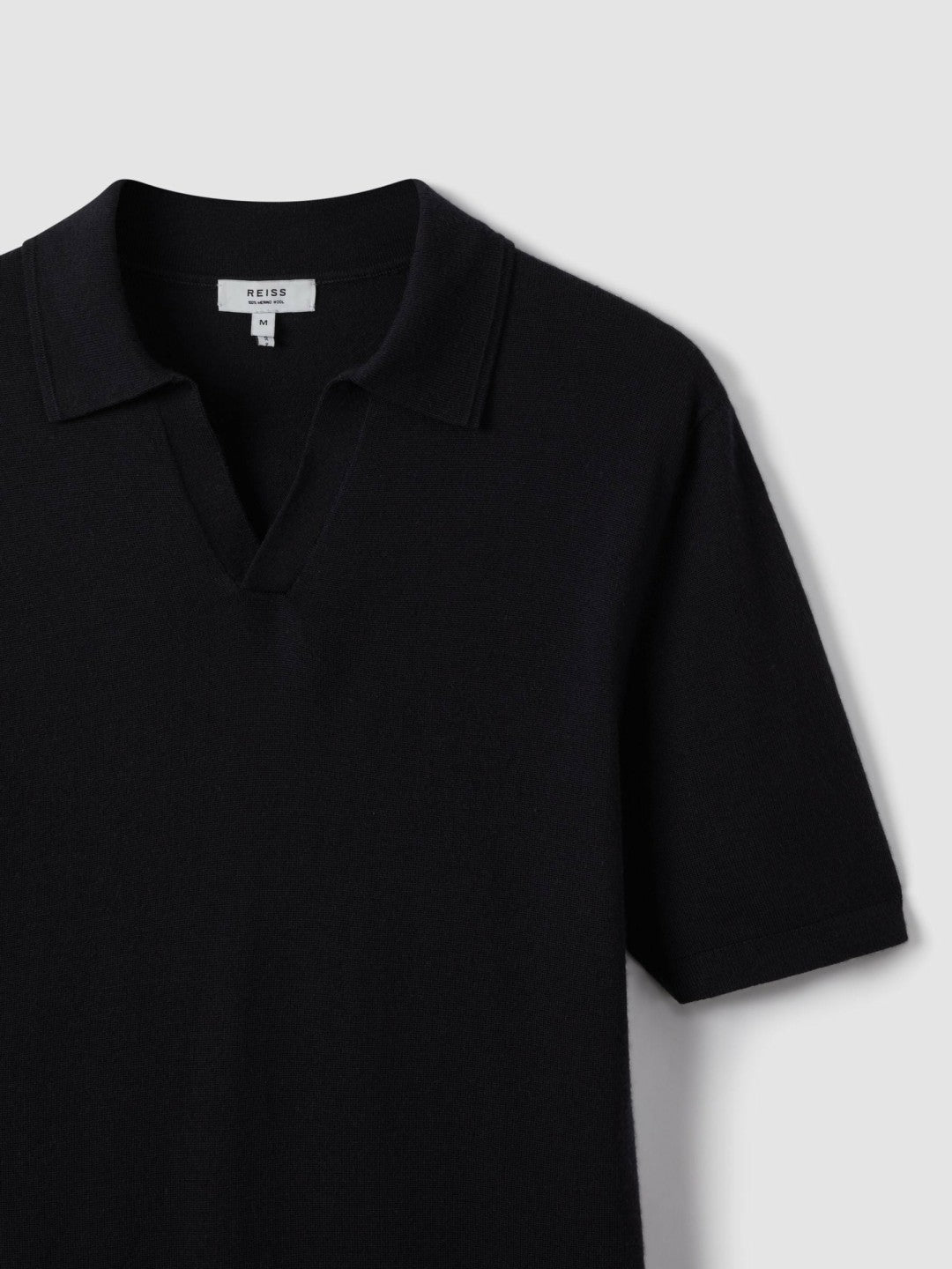 Reiss Merino Wool Open Collar Polo Shirt in Navy