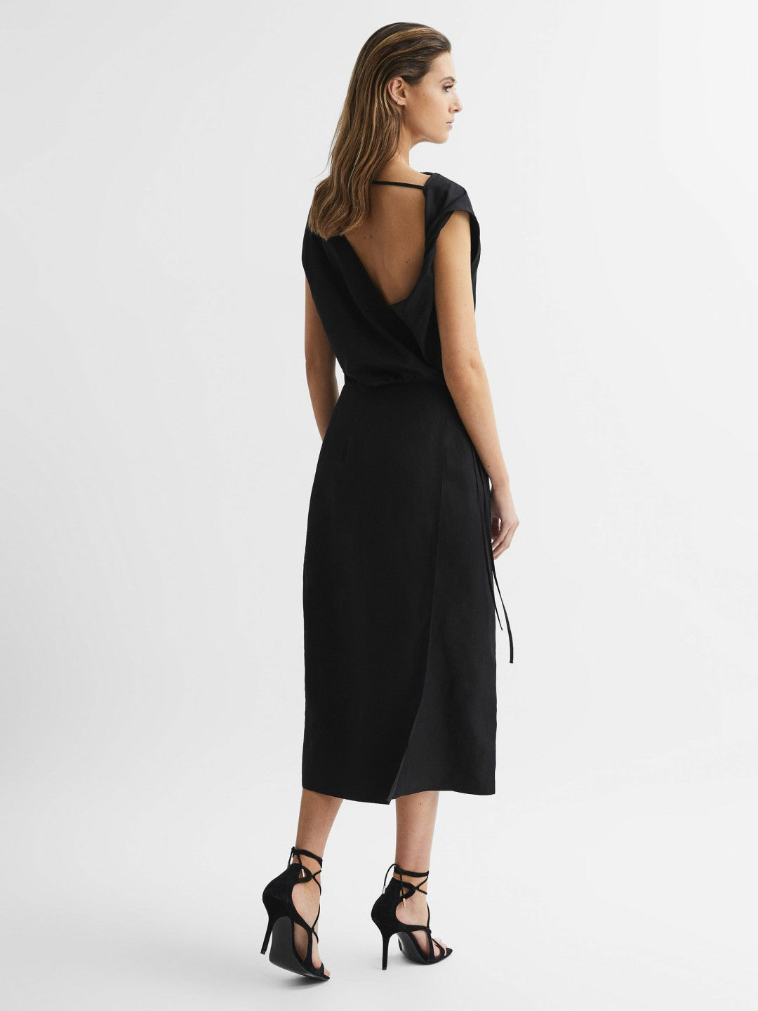 Reiss Premium Linen Blend Open-Back Midi Dress in Black