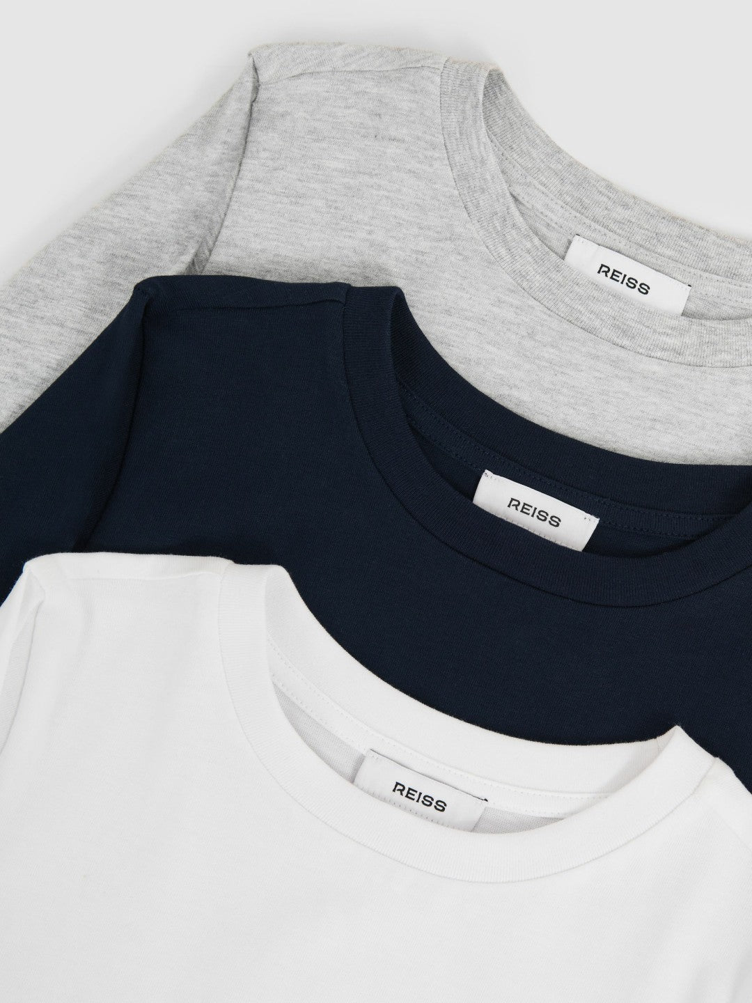 Reiss 9-13 yrs Cotton Jersey Long Sleeve T-Shirts 3 Pack in White/Soft Grey/Navy