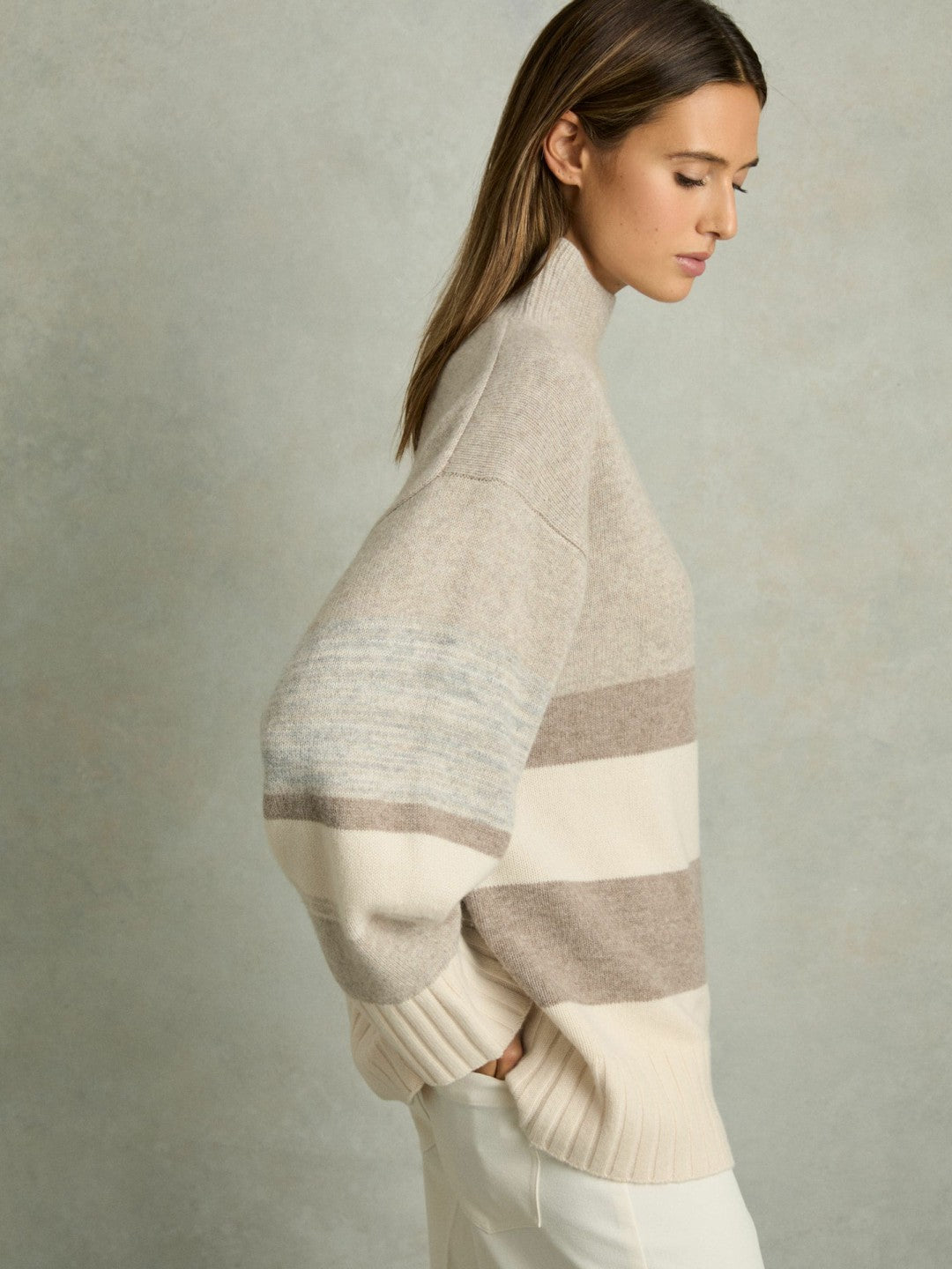 Reiss Wool Funnel-Neck Striped Jumper in Neutral