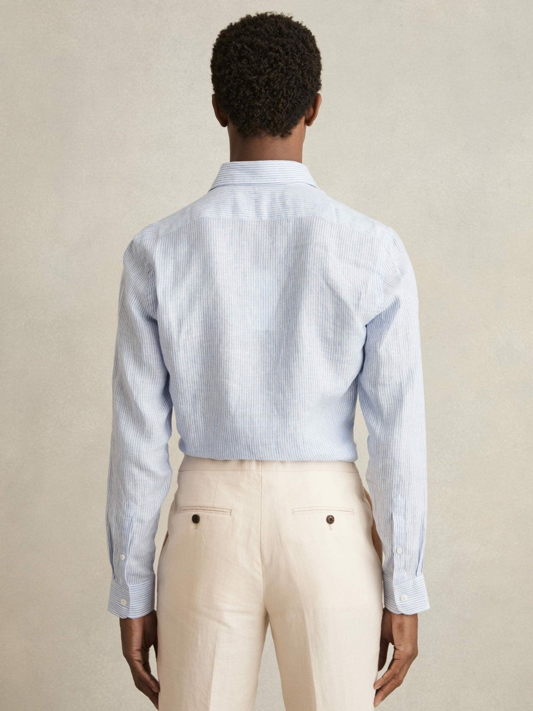 Reiss Linen Striped Long Sleeve Shirt in Soft Blue/White Fine Stripe