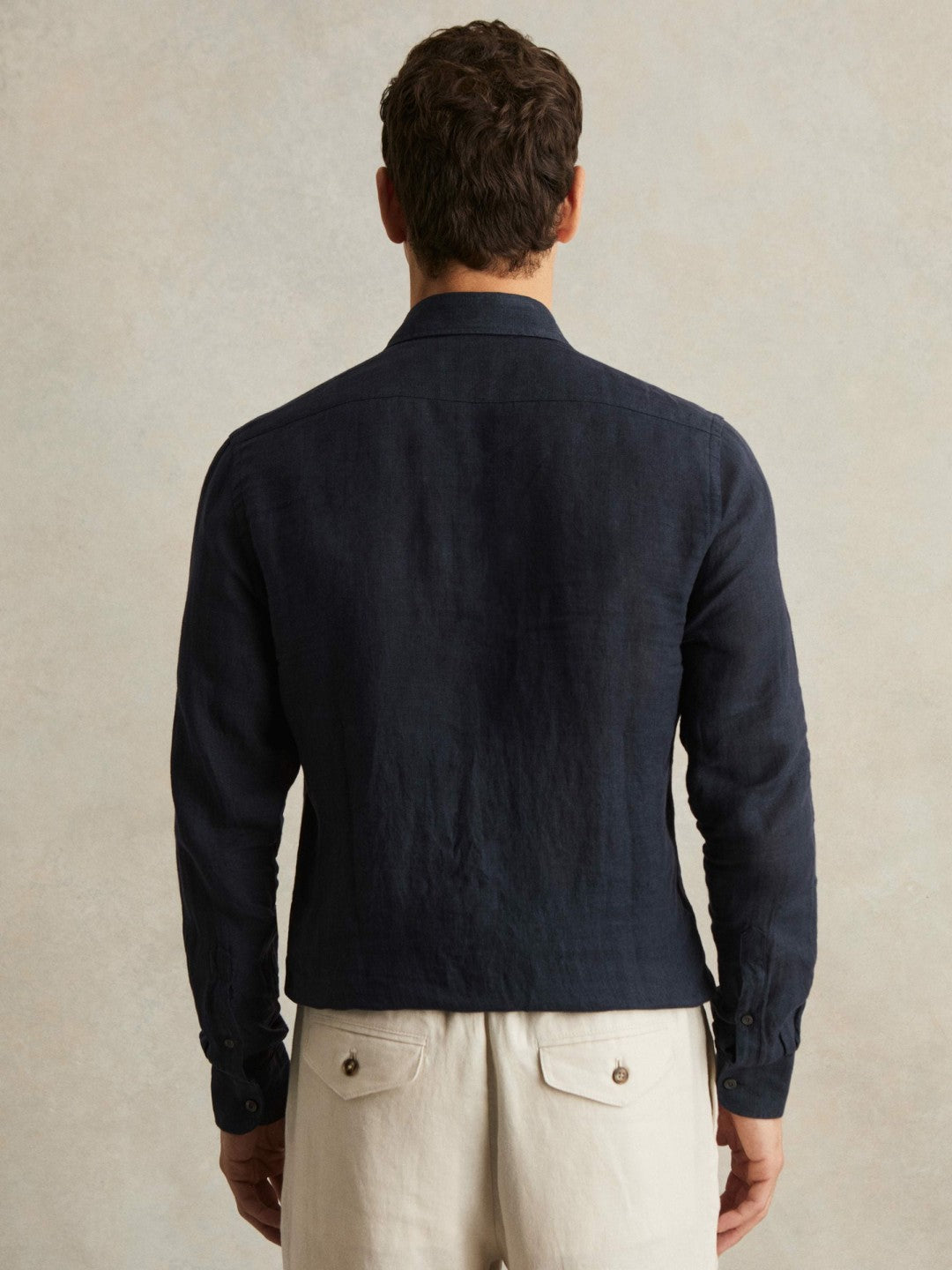 Reiss Linen Button-Through Shirt in Navy