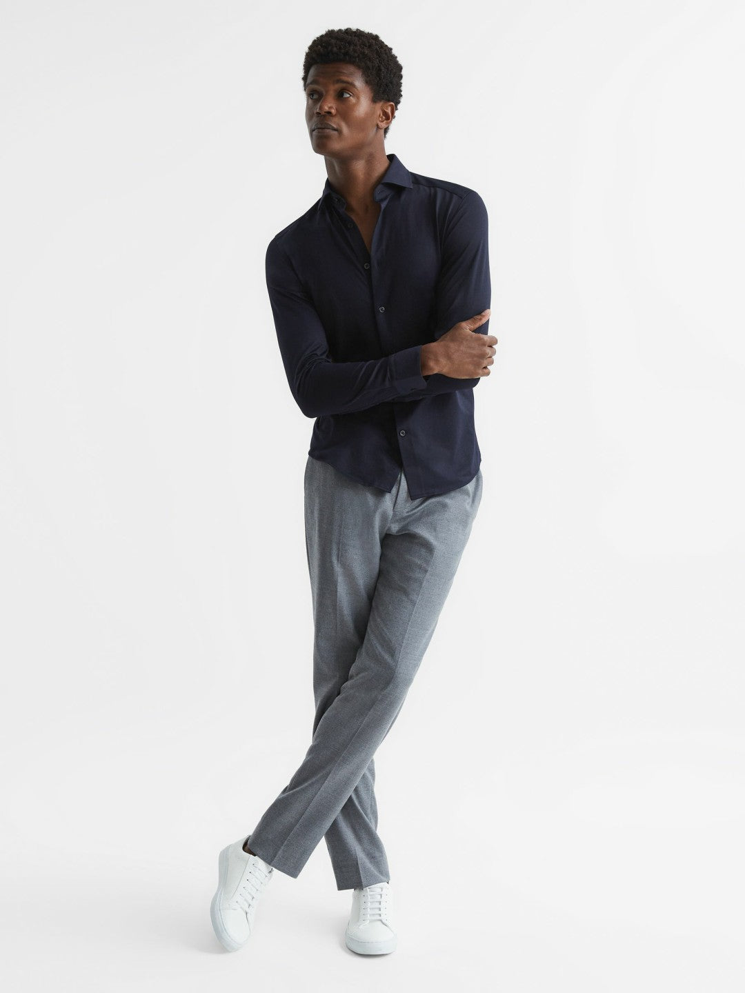 Reiss Cotton-Blend Jersey Cutaway-Collar Shirt in Navy