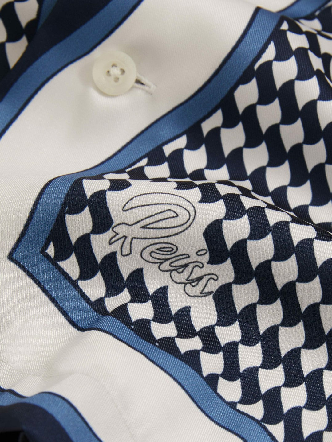 Reiss Geometric-Print Cuban-Collar Shirt in White/Navy