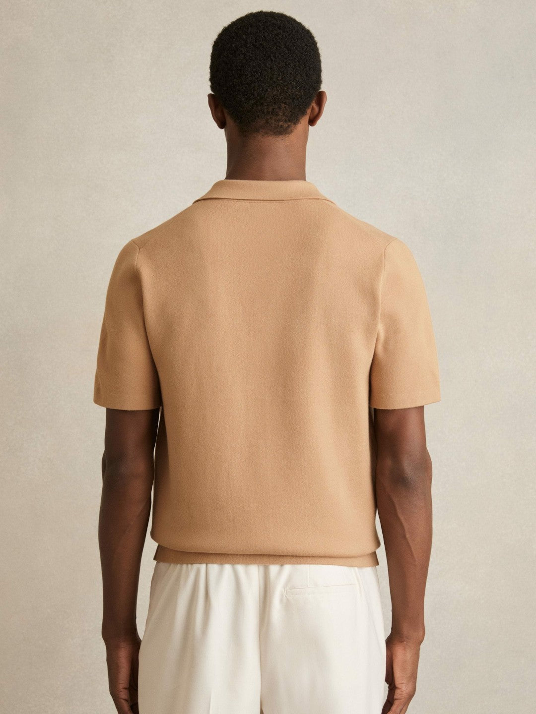 Reiss Geometric Cuban-Collar Knit Shirt in Camel/Off White