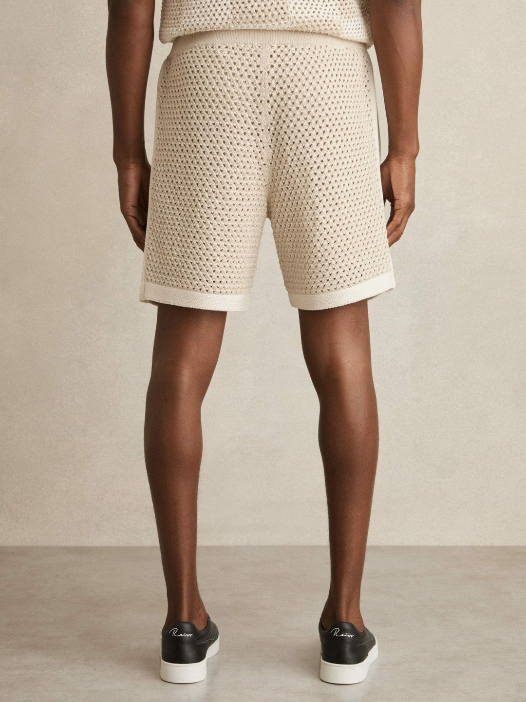 Reiss Cotton-Blend Crochet Shorts in Taupe/Off White