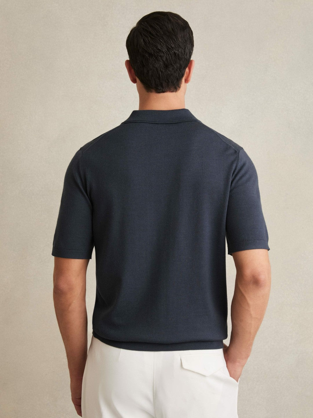 Reiss Merino Wool Short-Sleeve Polo Shirt in Midnight Navy
