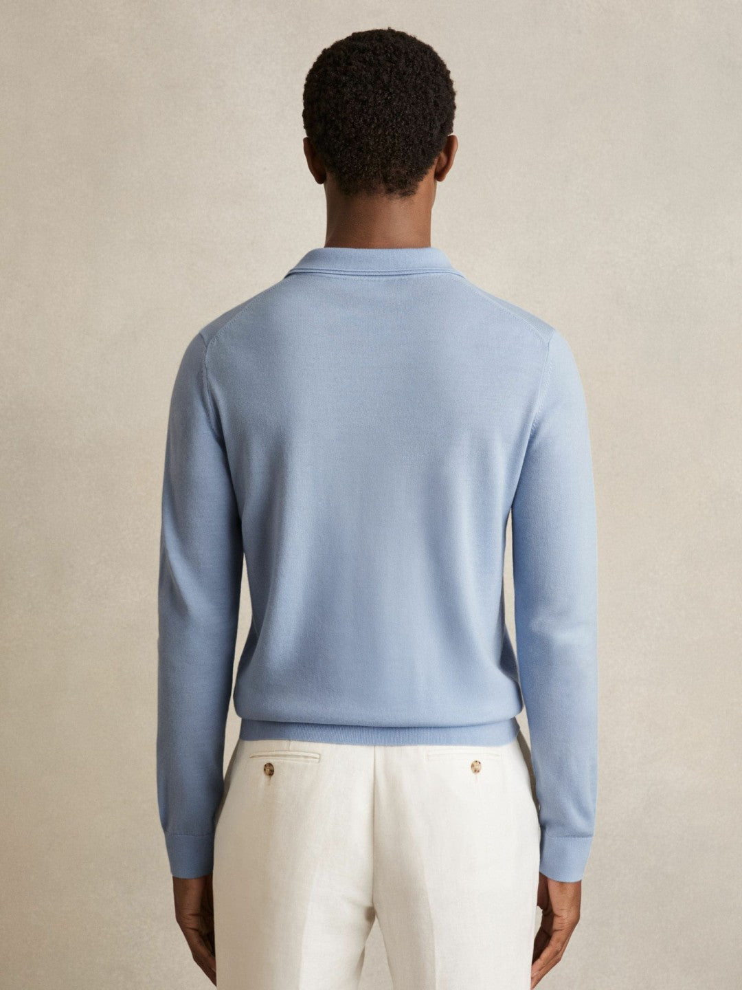 Reiss Merino Wool Long-Sleeve Polo Shirt in Soft Blue