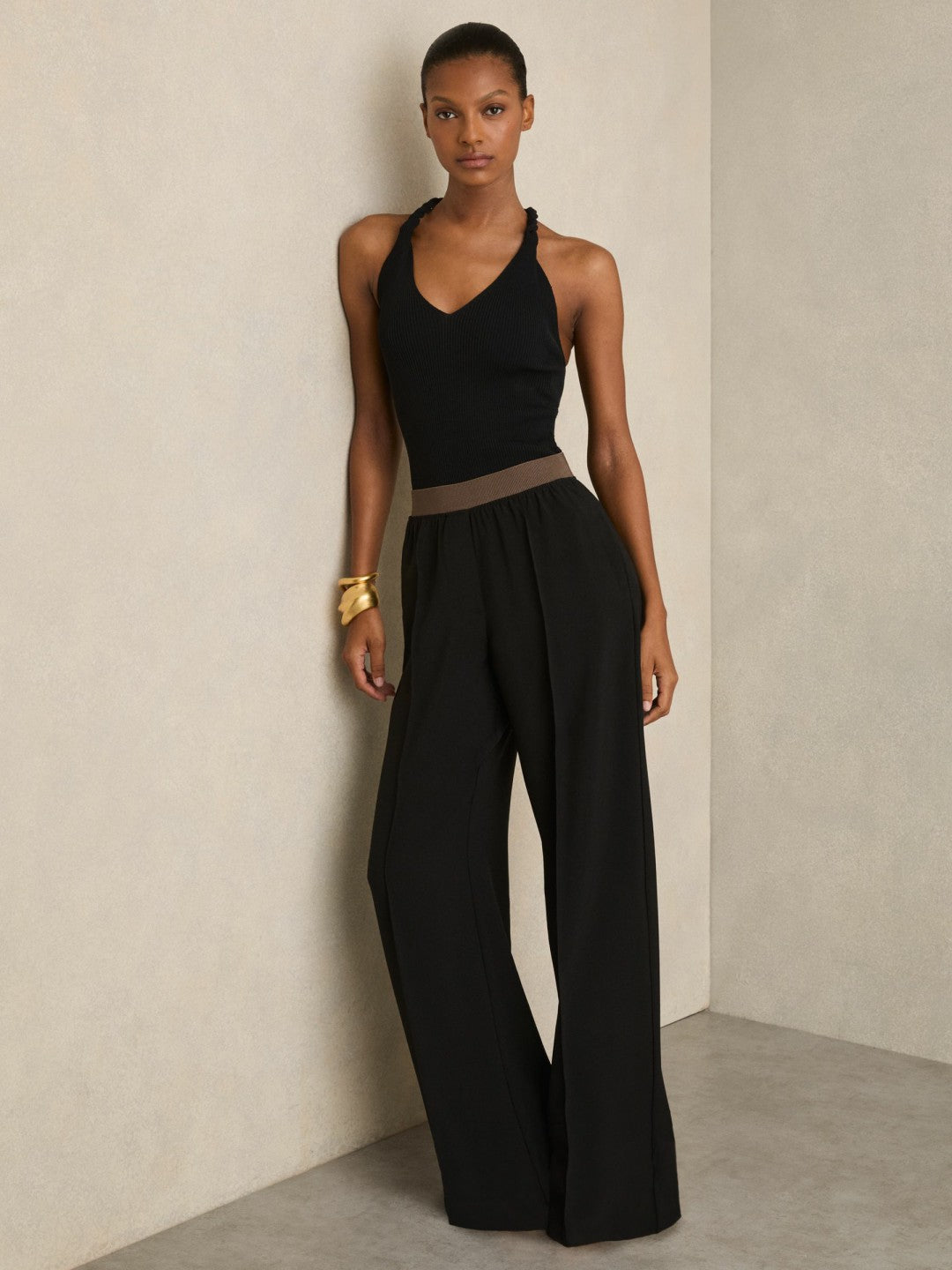 Reiss Wide-Leg Elasticated-Waist Trousers in Black