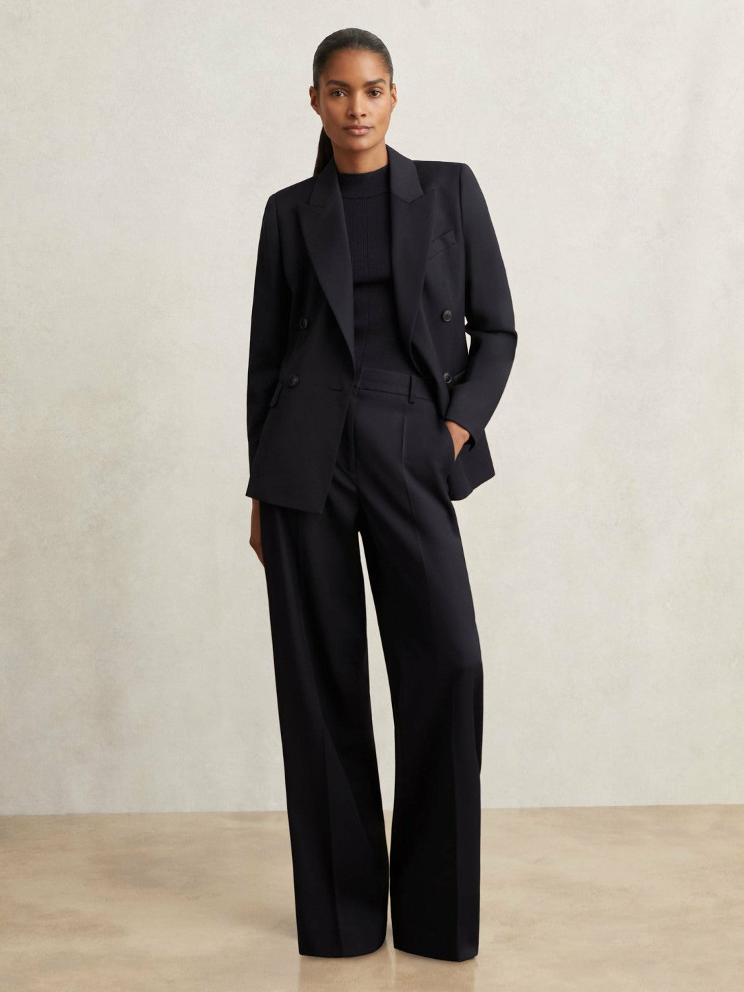 Reiss Petite Wool Blend Double Breasted Suit Blazer in Navy