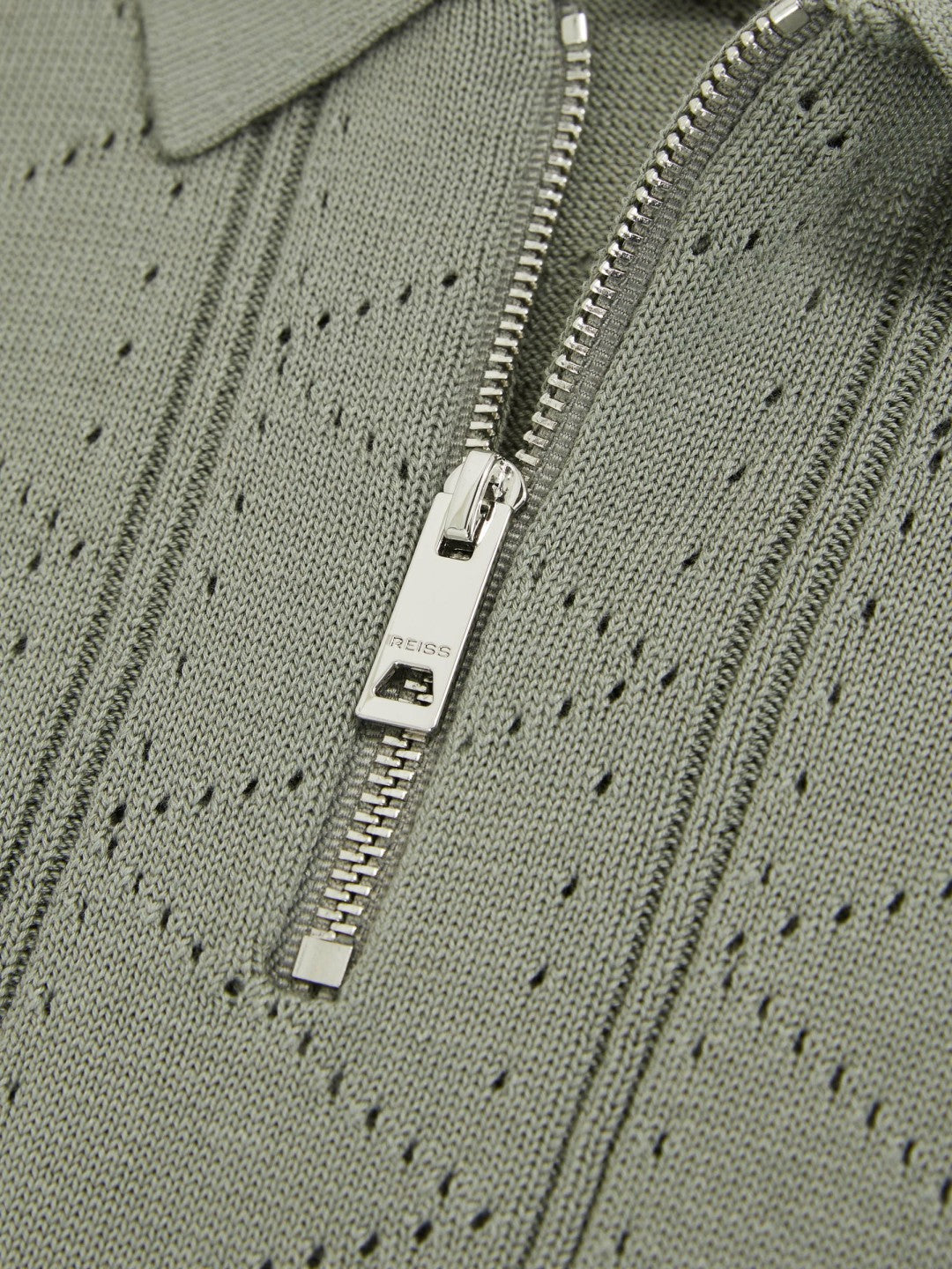 Reiss 9-13 yrs Half-Zip Pointelle Polo Shirt in Sage