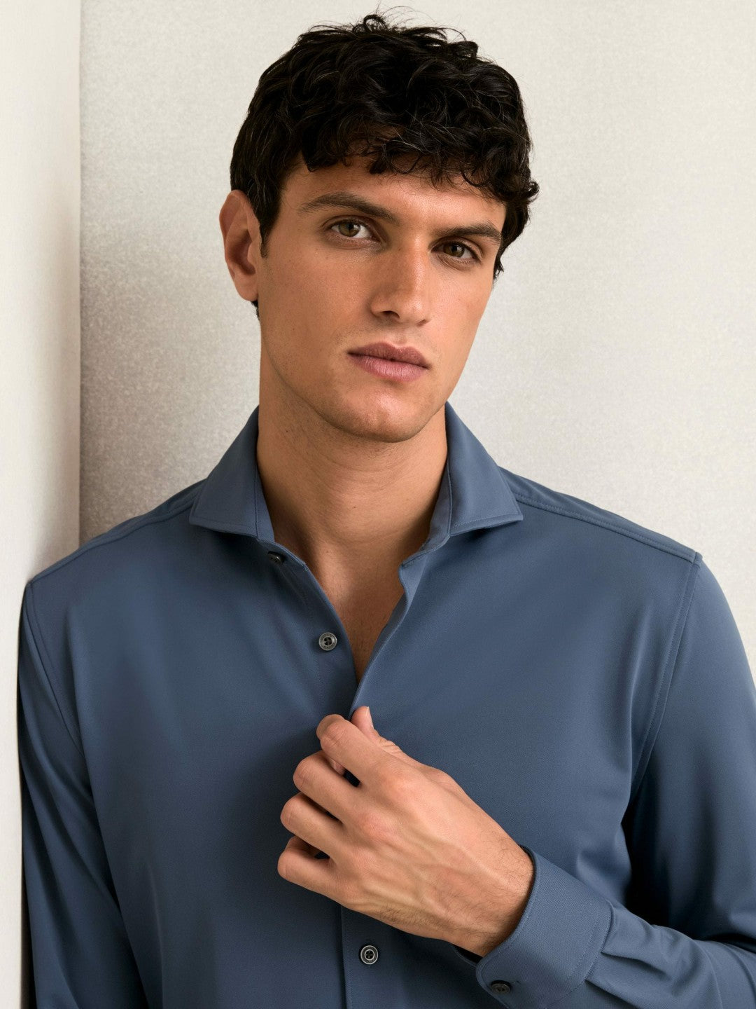 Reiss Stretch Jersey Cutaway-Collar Shirt in Dark Airforce Blue