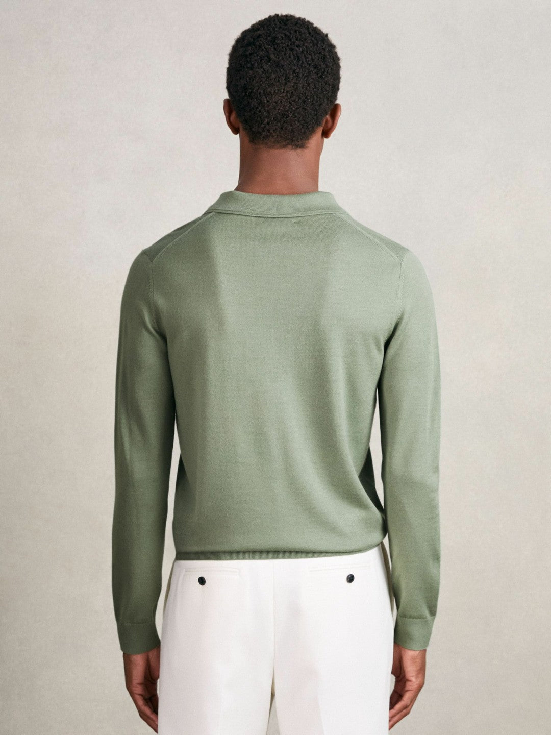 Reiss Merino Wool Long-Sleeve Polo Shirt in Harper Green