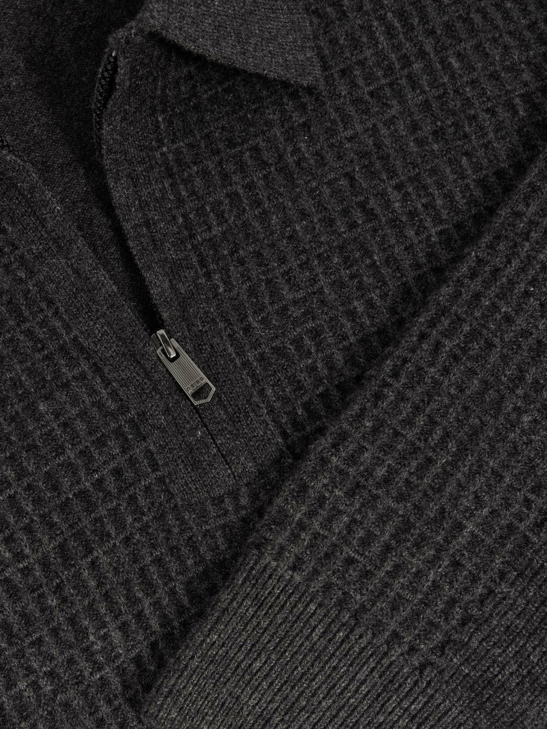 Reiss Wool Waffle-Knit Half-Zip Polo Shirt in Charcoal Grey