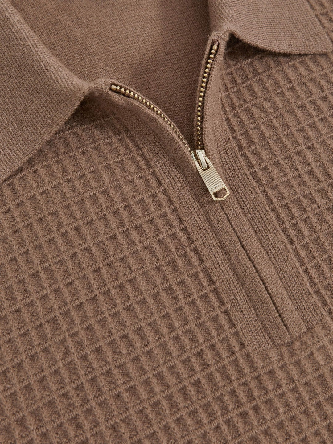 Reiss Wool Waffle-Knit Half-Zip Polo Shirt in Camel Brown