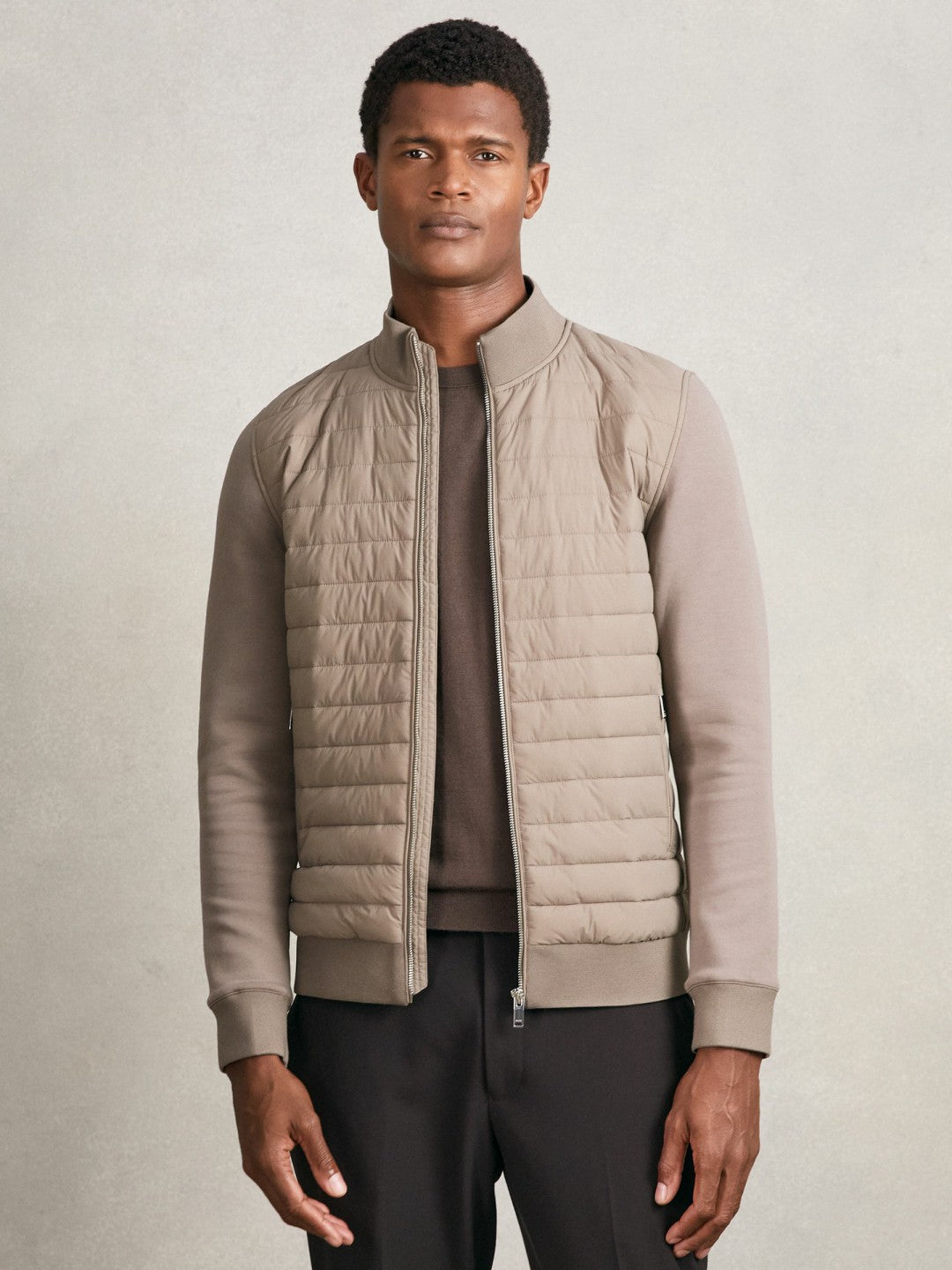 Reiss Hybrid Quilt and Knit Zip-Through Jacket in Taupe Brown