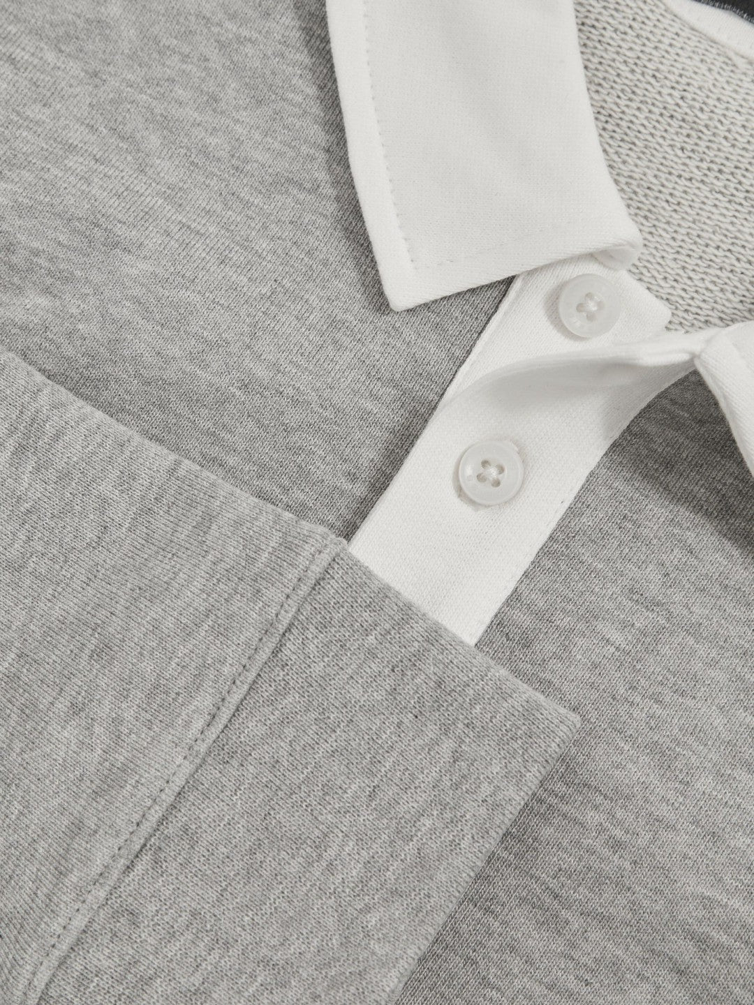 Reiss Cotton Half-Button Rugby Polo Shirt in Grey Marl/White