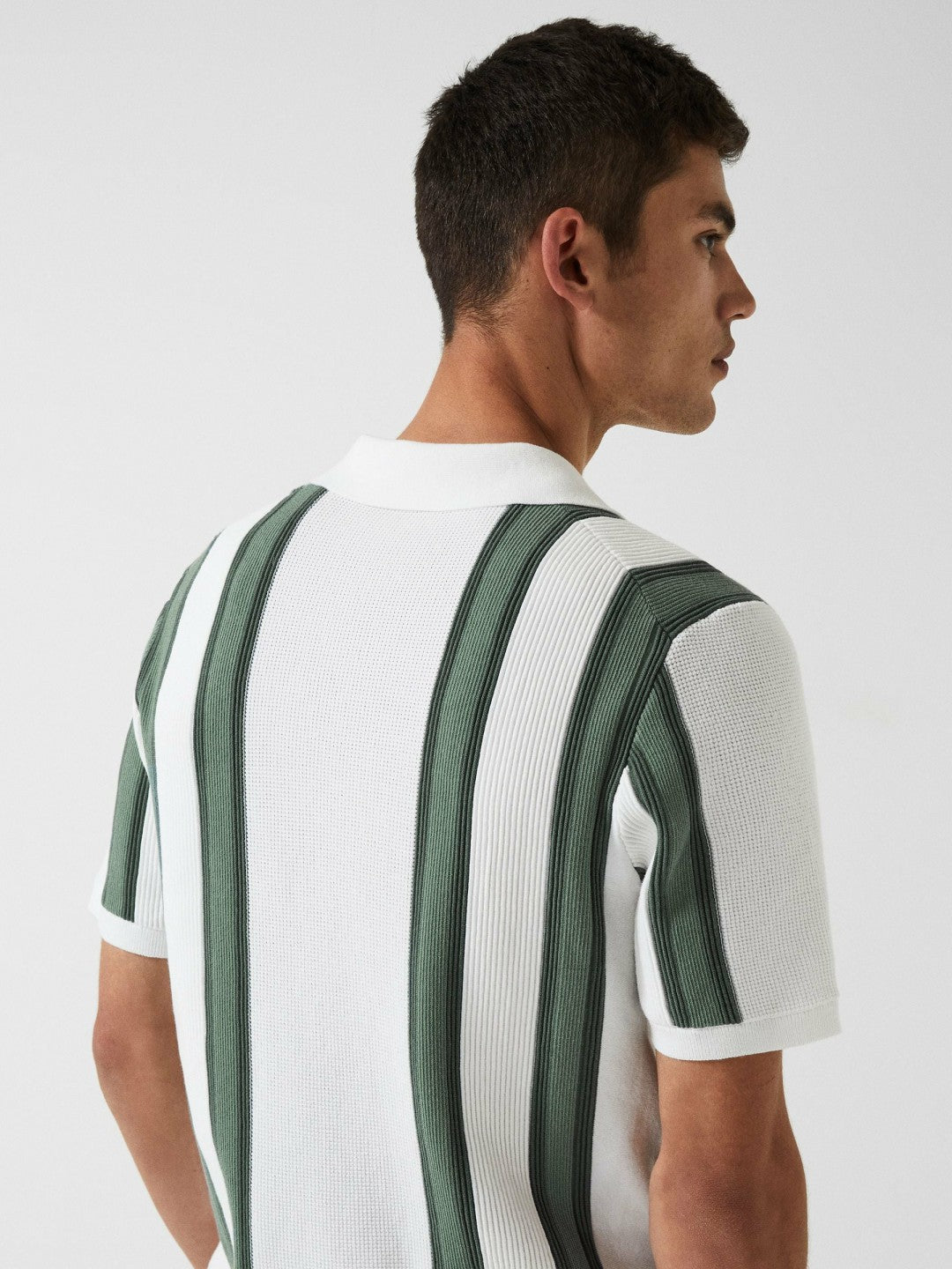 Reiss Open Collar Striped Polo T-Shirt in White/Sage