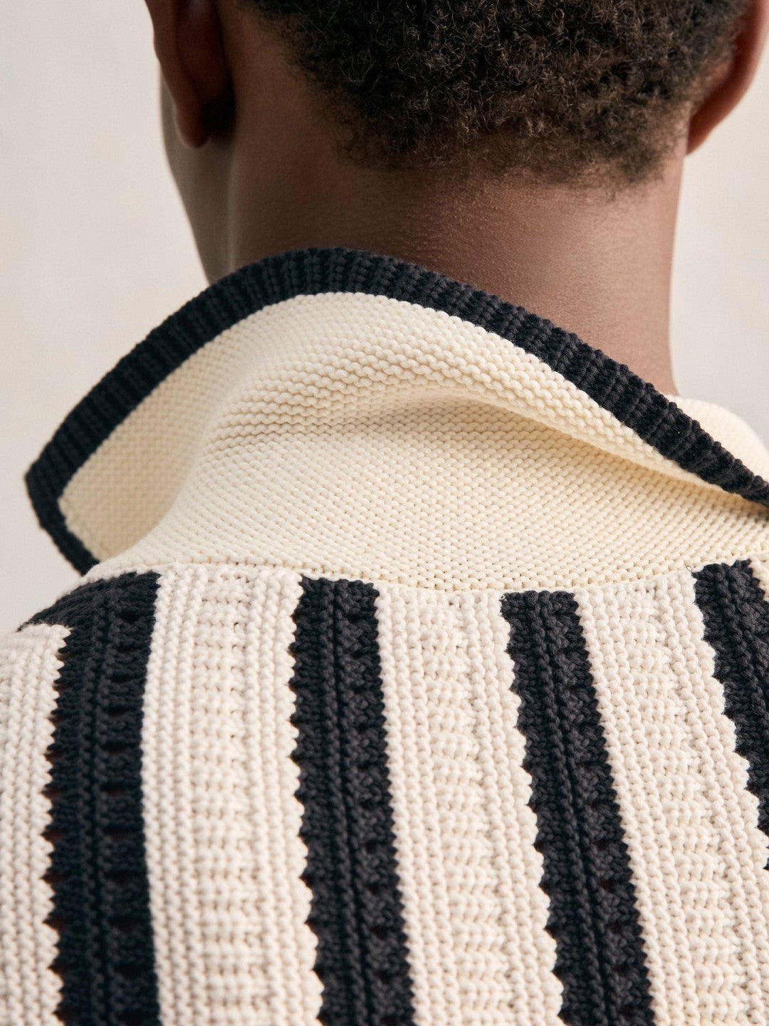 Reiss Cotton Blend Stripe Knit Polo Shirt in Off White/Navy
