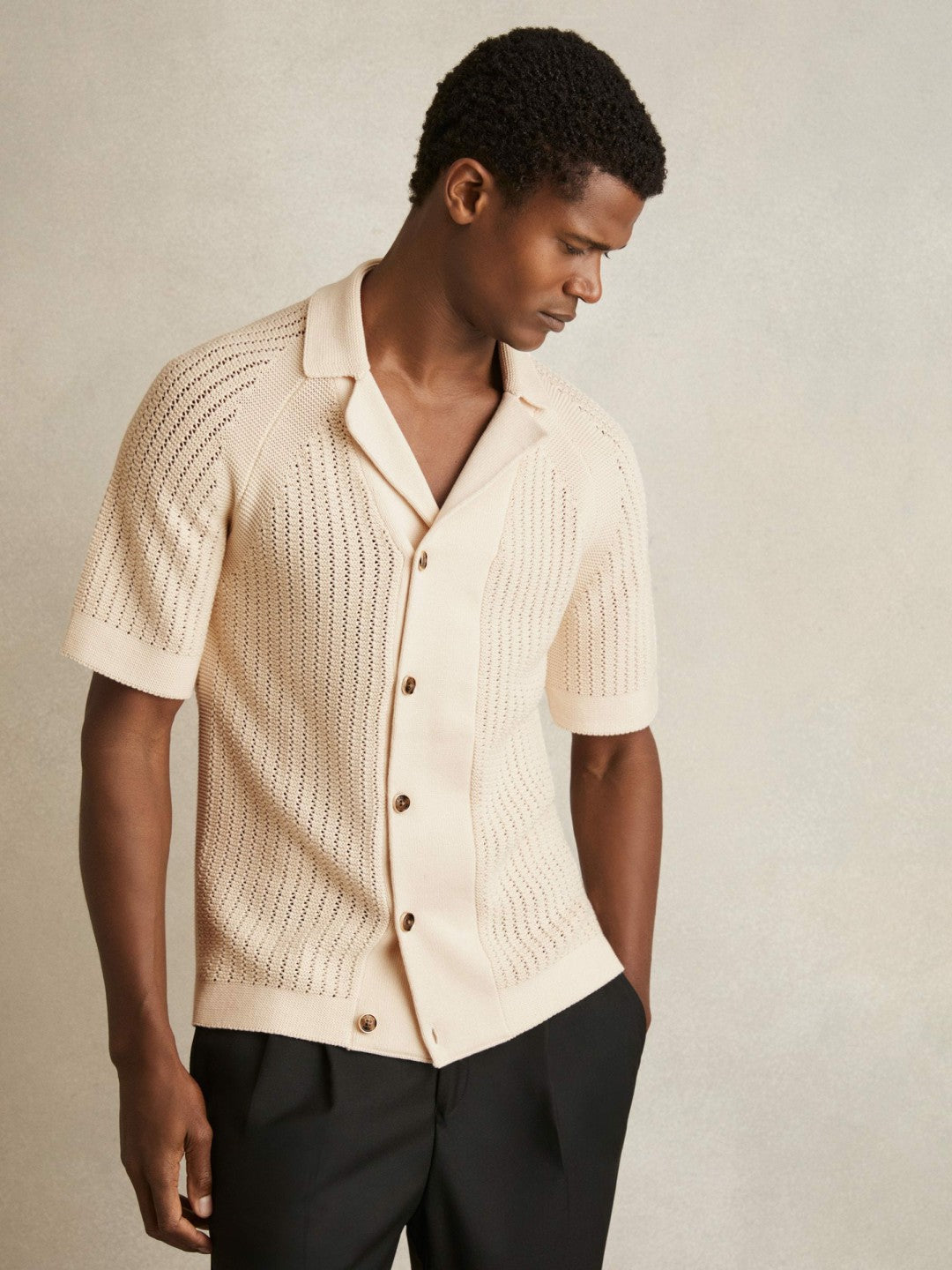 Reiss Cotton Textured-Knit Cuban-Collar Shirt in Light Stone