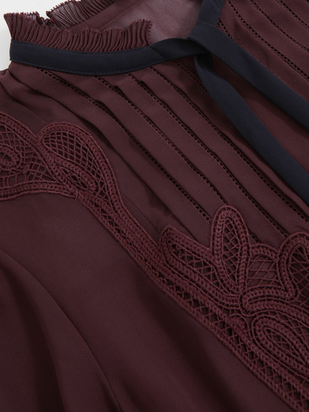 Reiss Lace-Embroidered Tie-Neck Shirt in Burgundy