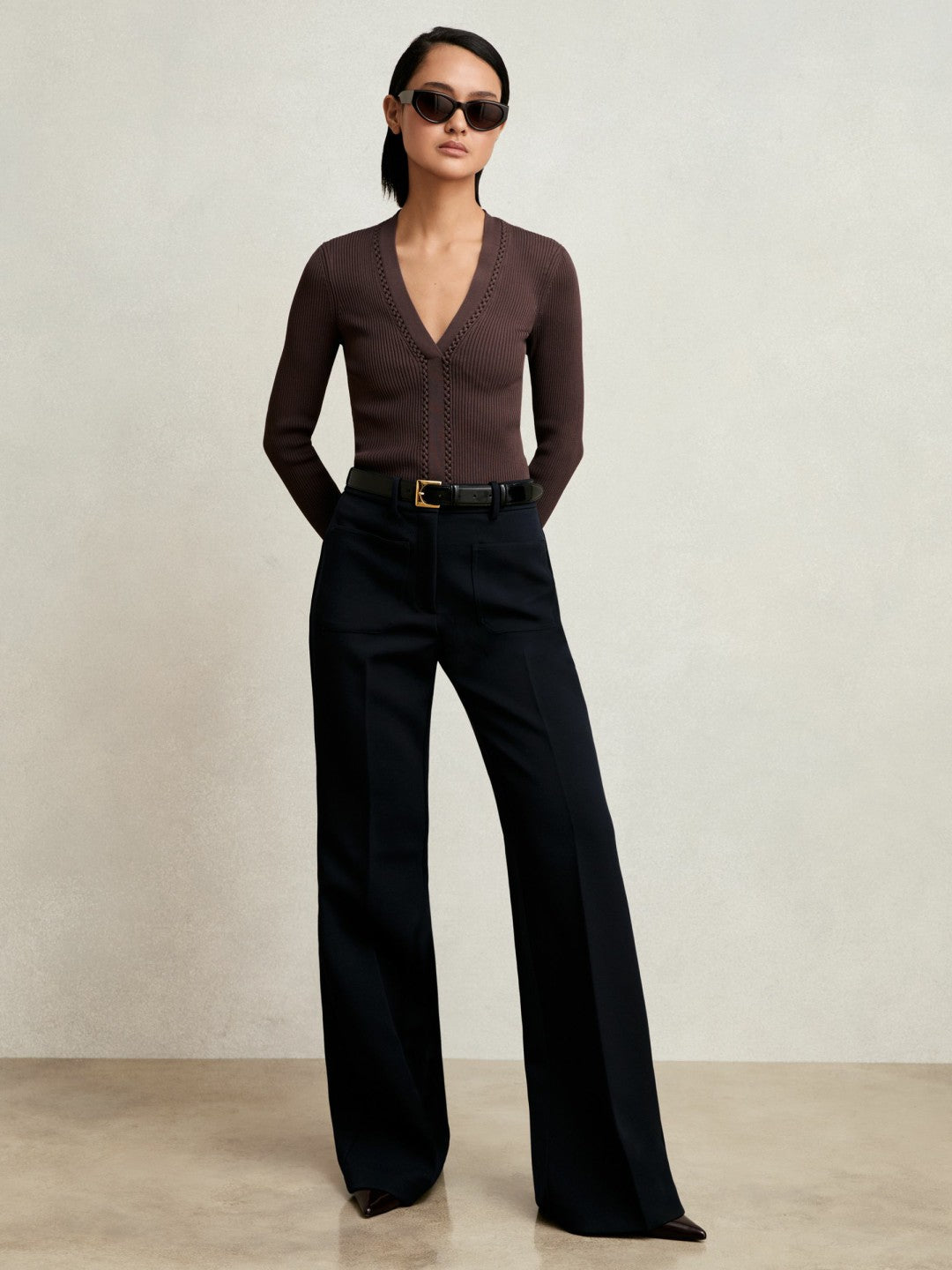 Reiss Craft-Stitch Rib-Knit Top in Mocha Brown