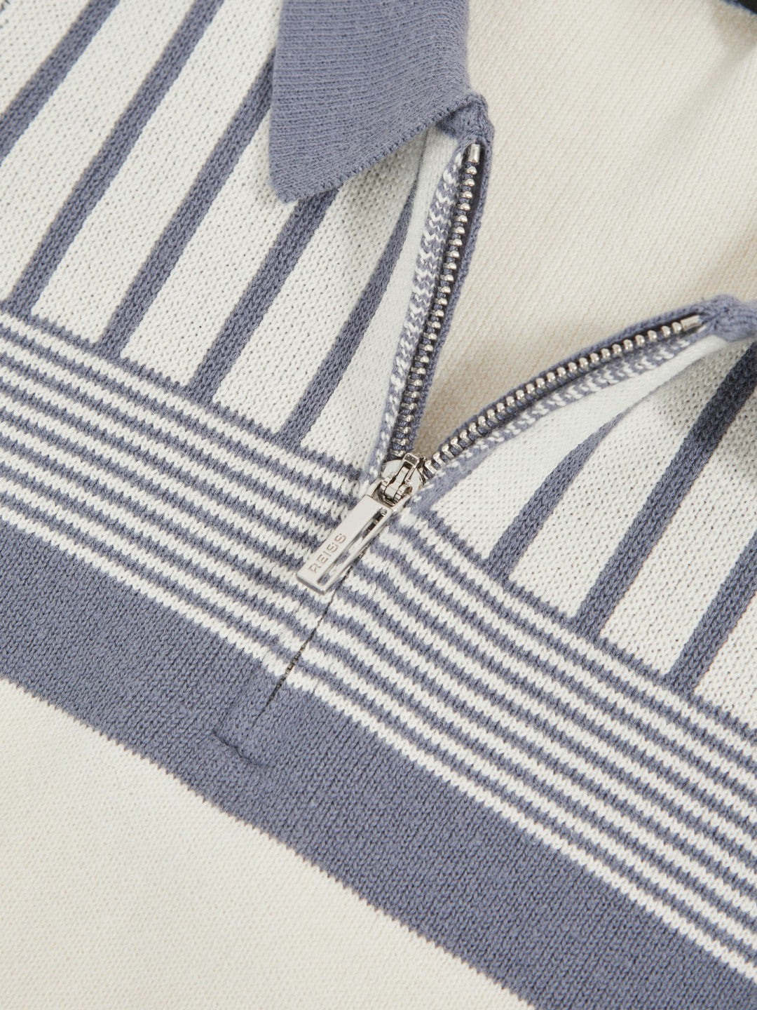 Reiss 13-14 yrs Cotton Stripe Knit Half-Zip Polo Shirt in Off White/ Airforce Blue