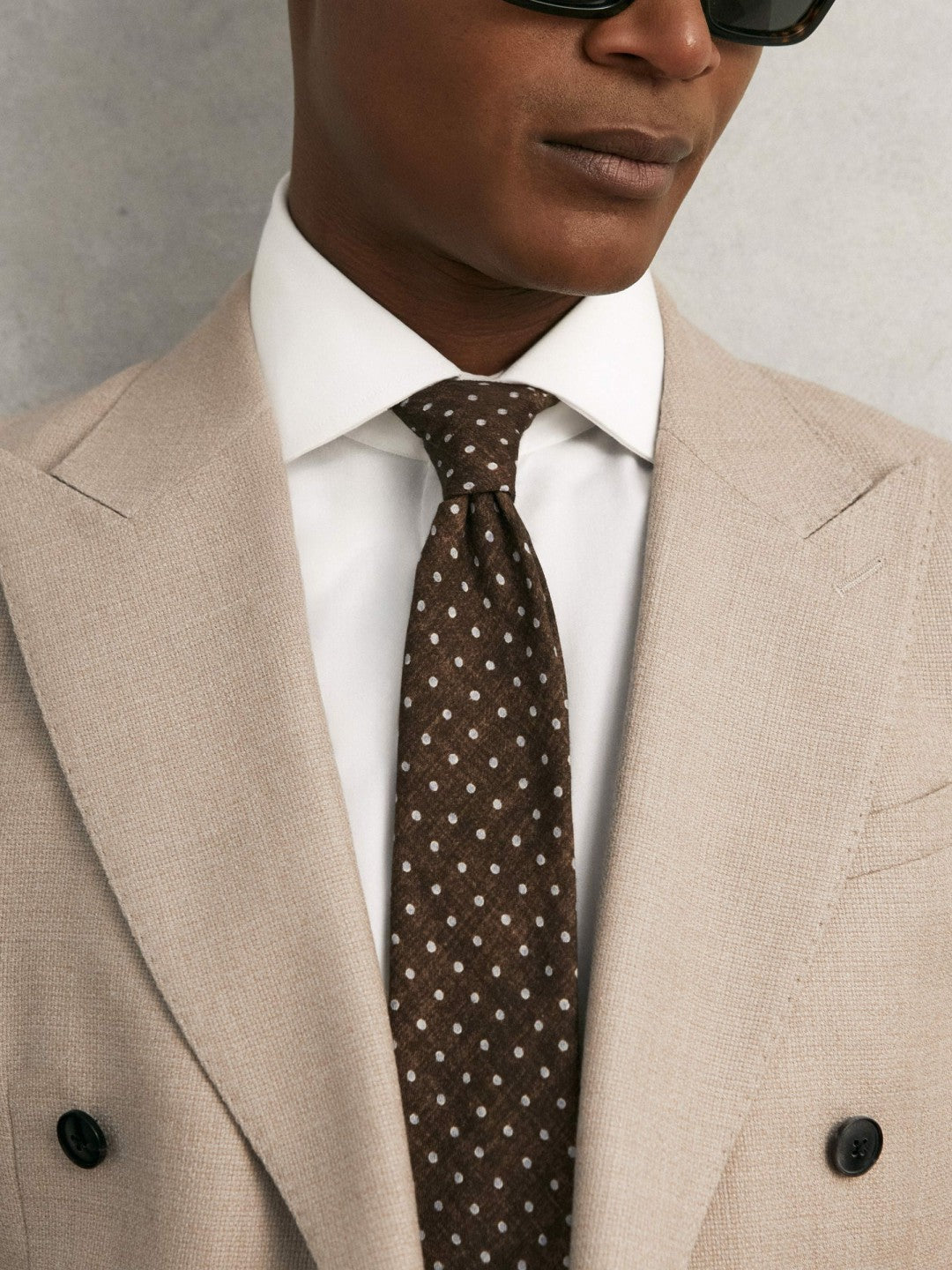 Reiss Wool-Cotton Polka-Dot Tie in Chocolate Brown