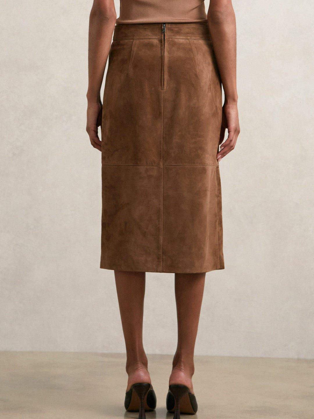 Reiss Suede Straight-Fit Midi Skirt in Tan Brown