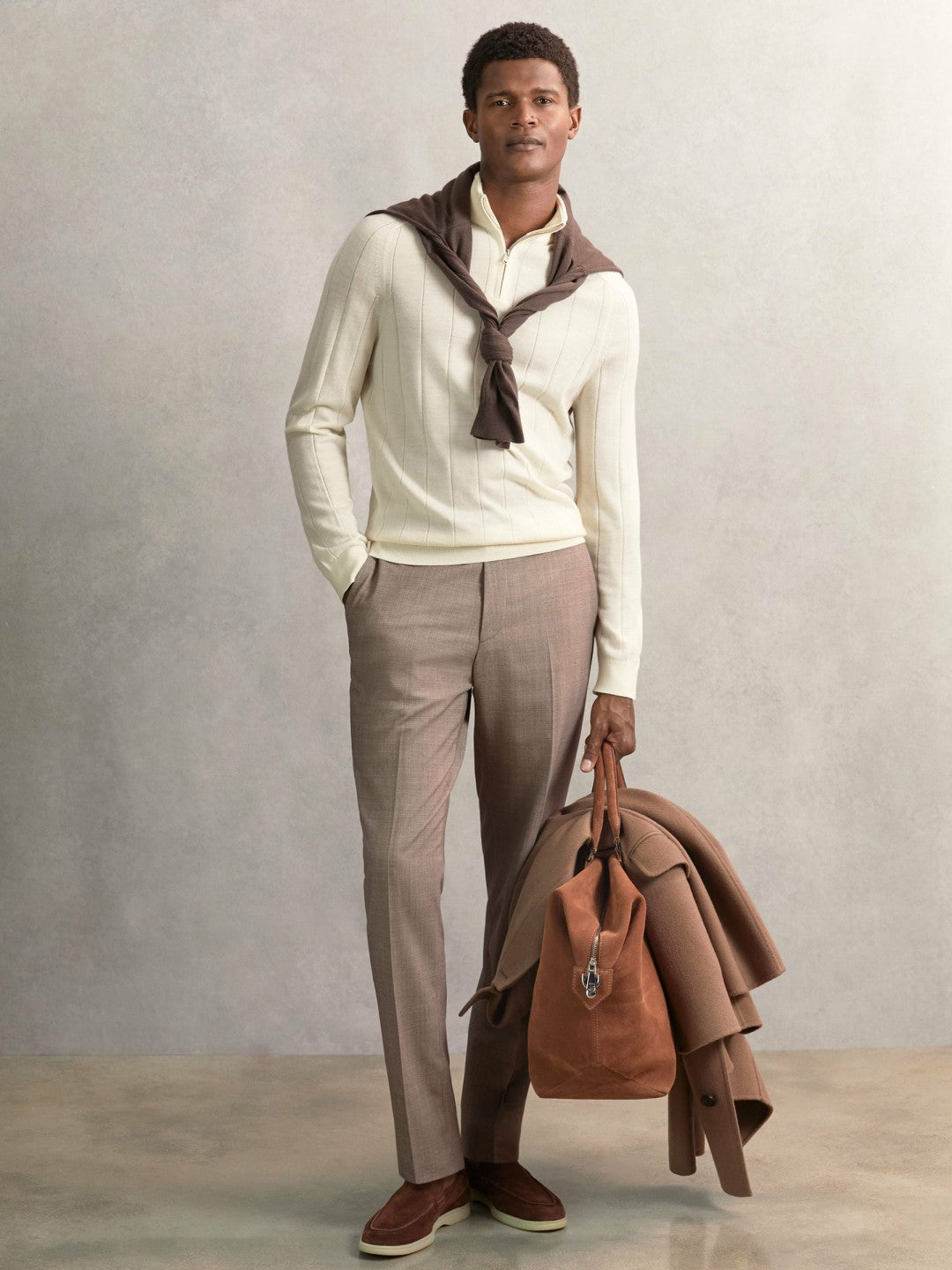 Reiss Merino Wool Wide-Rib Half-Zip Jumper in Bianco