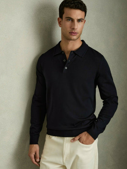 Reiss Merino Wool Polo Shirt in Navy