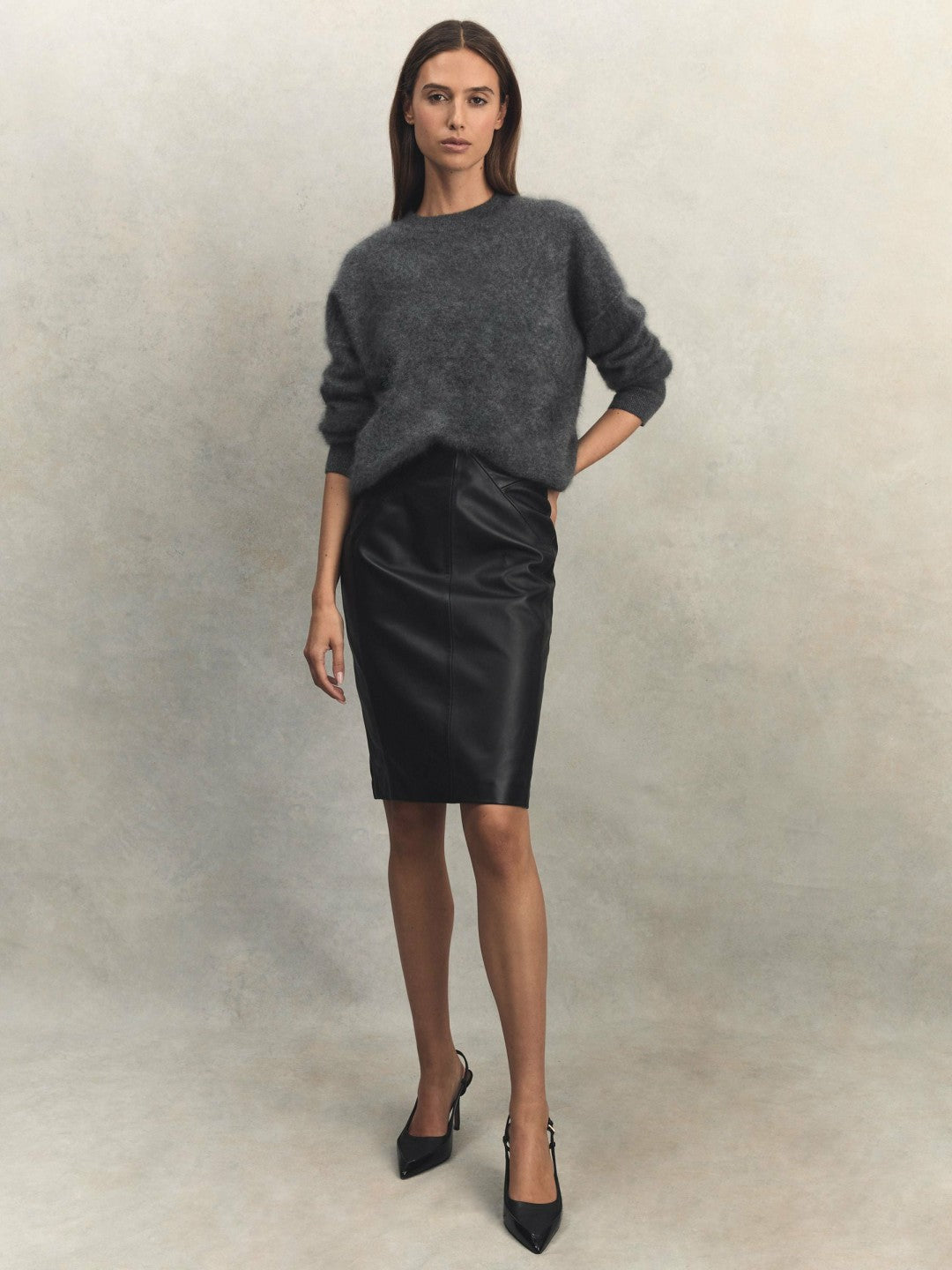 Reiss Leather High Rise Midi Skirt in Black