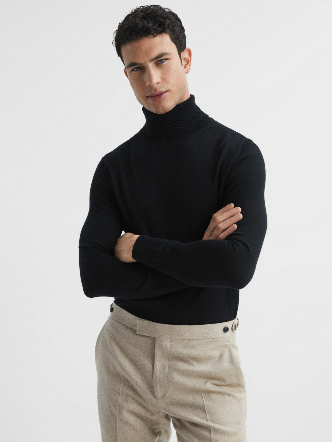 Reiss Slim Fit Merino Wool Roll Neck Jumper in Black