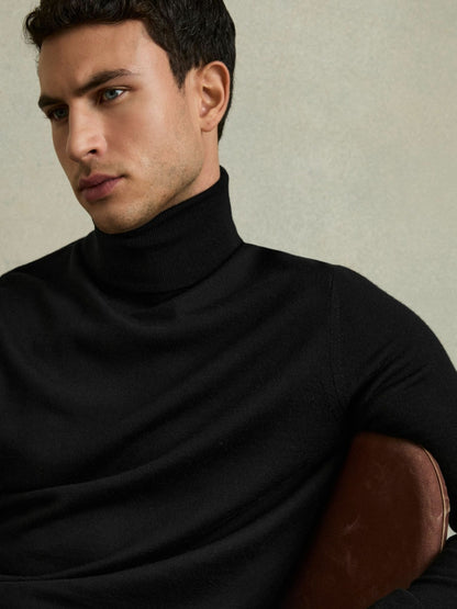 Reiss Slim Fit Merino Wool Roll Neck Jumper in Black