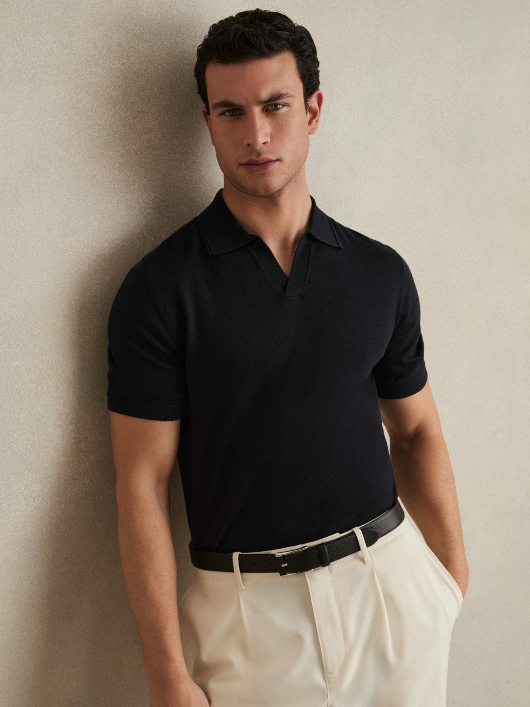 Reiss Merino Wool Open Collar Polo Shirt in Navy