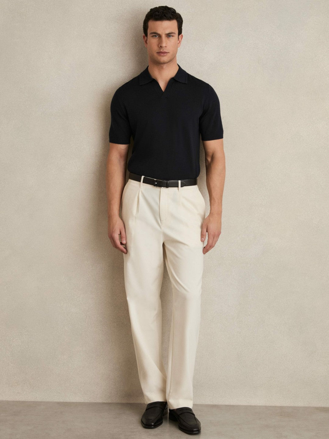 Reiss Merino Wool Open Collar Polo Shirt in Navy