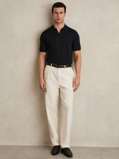 Reiss Merino Wool Open Collar Polo Shirt in Navy