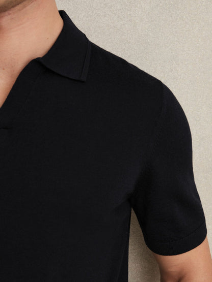 Reiss Merino Wool Open Collar Polo Shirt in Navy