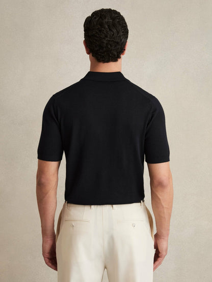 Reiss Merino Wool Open Collar Polo Shirt in Navy