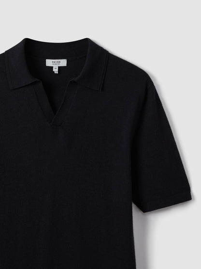 Reiss Merino Wool Open Collar Polo Shirt in Navy