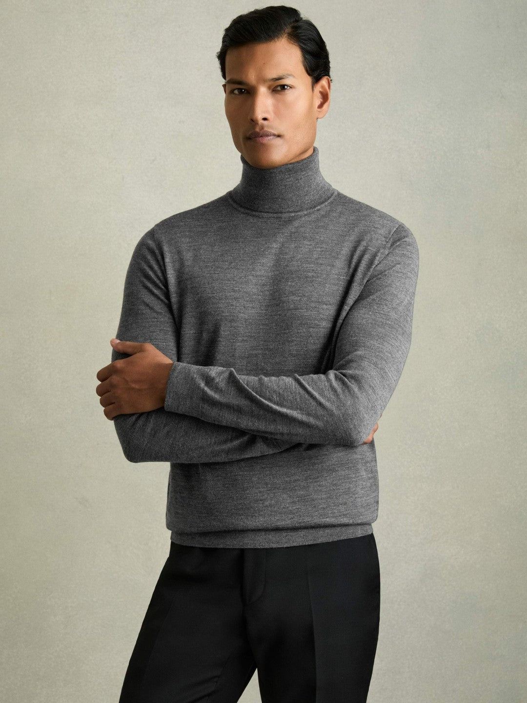 Reiss Slim Fit Merino Wool Roll Neck Jumper in Derby Grey Marl