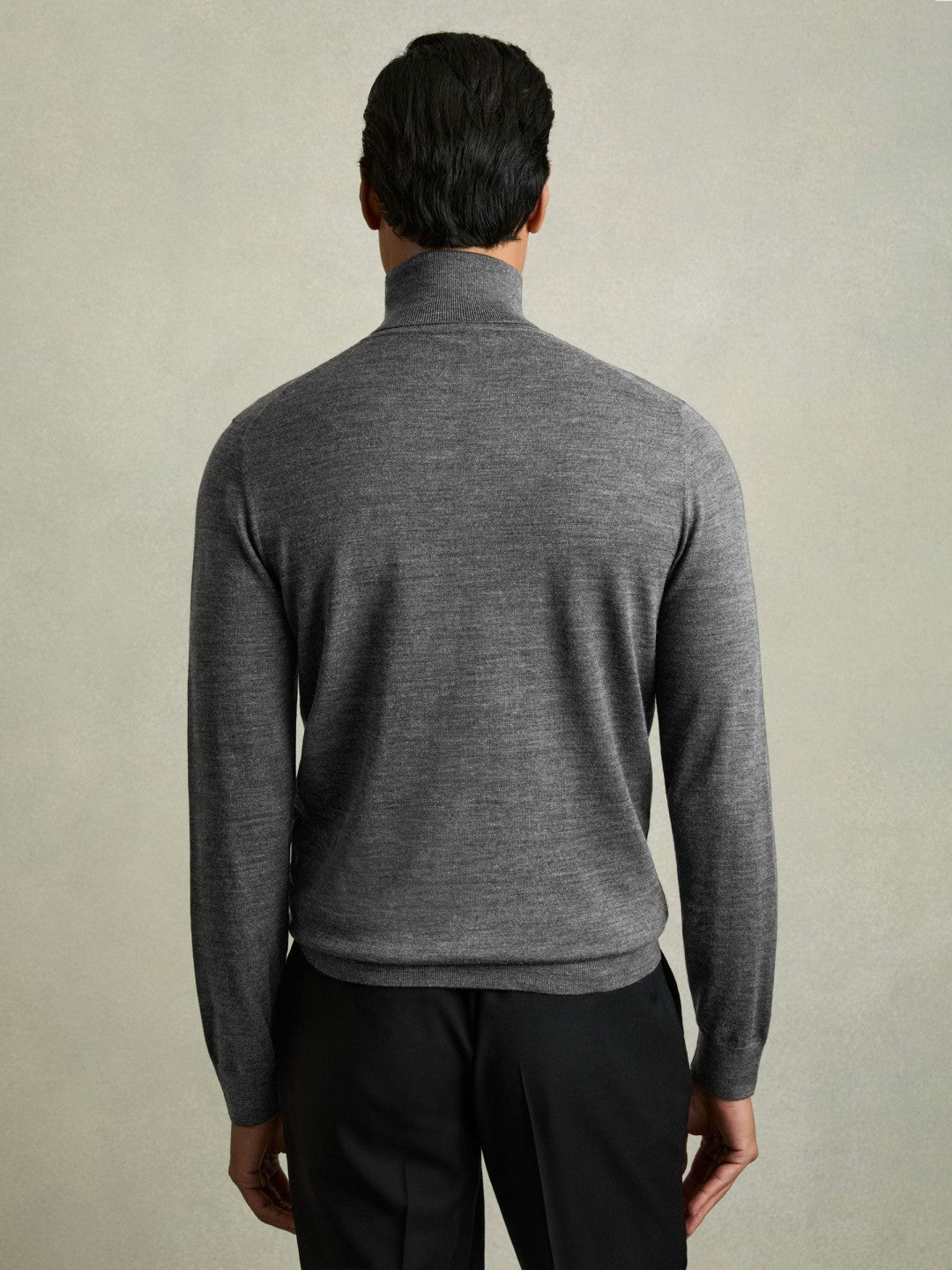 Reiss Slim Fit Merino Wool Roll Neck Jumper in Derby Grey Marl