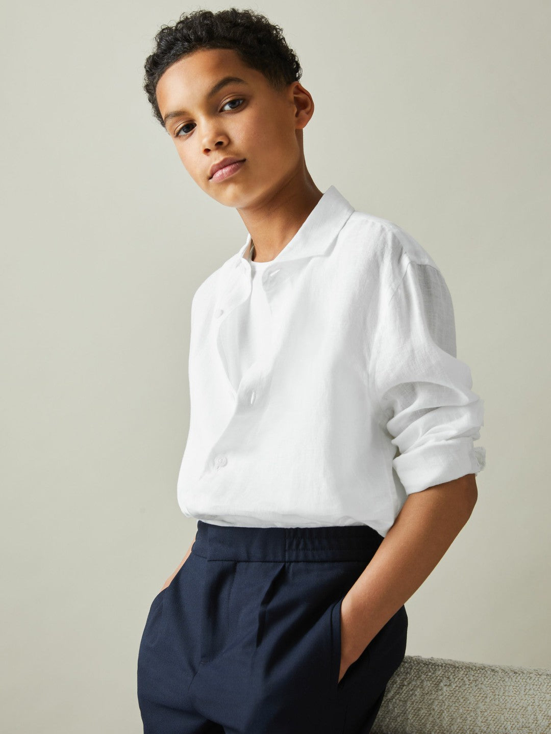 Reiss 3-9 yrs Striped Linen Cutaway Collar Shirt in White