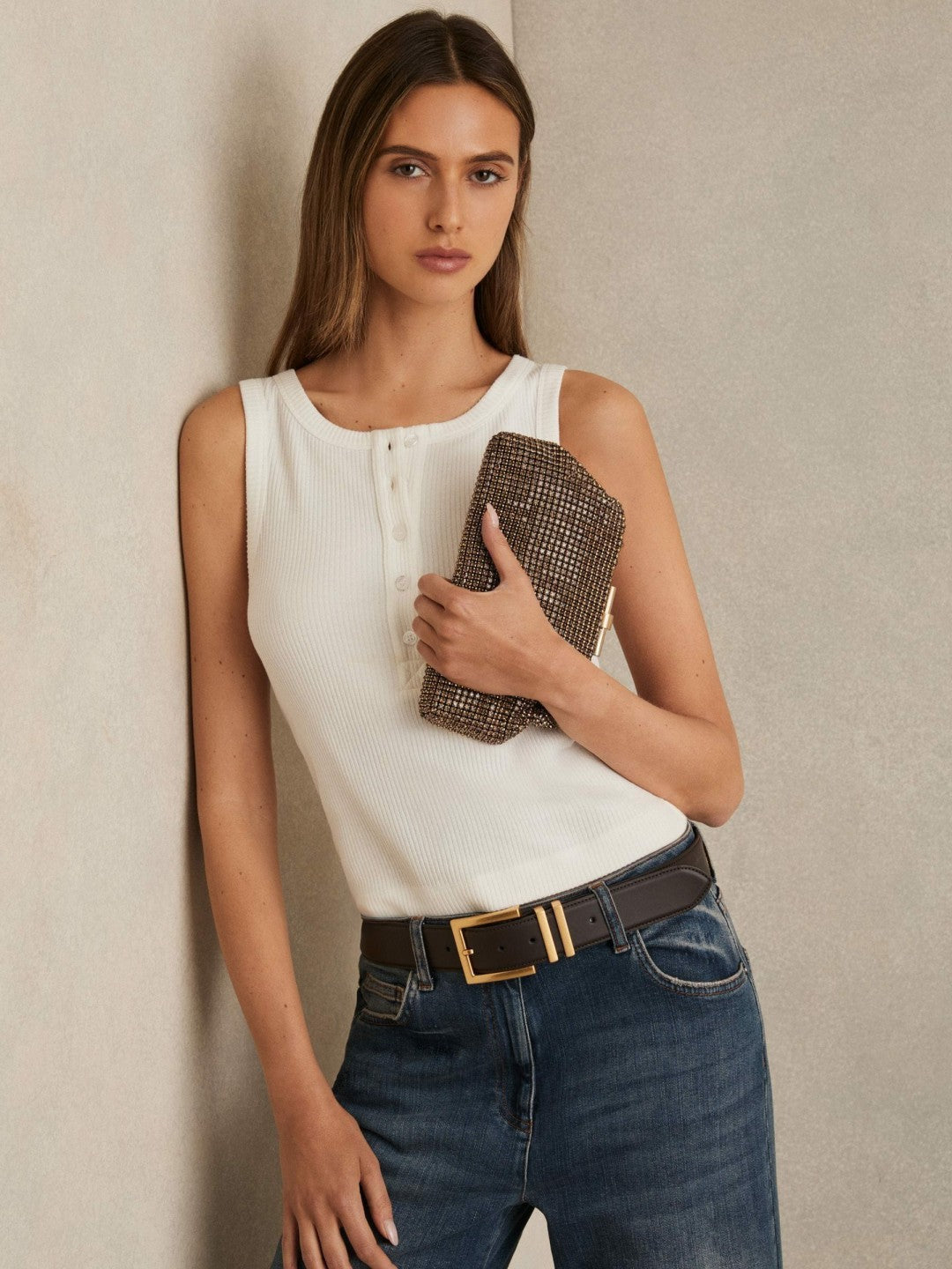 Reiss Embellished Clutch Bag in Gold