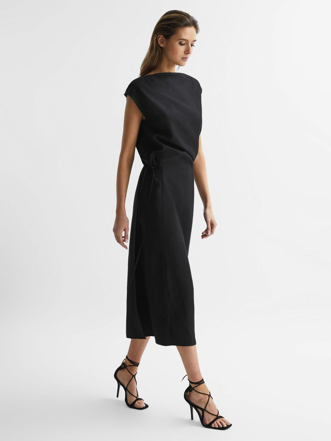 Reiss Premium Linen Blend Open-Back Midi Dress in Black