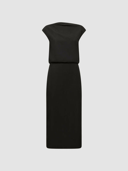 Reiss Premium Linen Blend Open-Back Midi Dress in Black