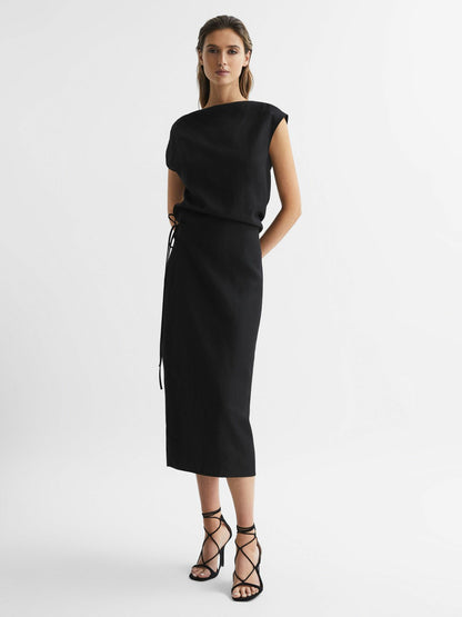 Reiss Premium Linen Blend Open-Back Midi Dress in Black