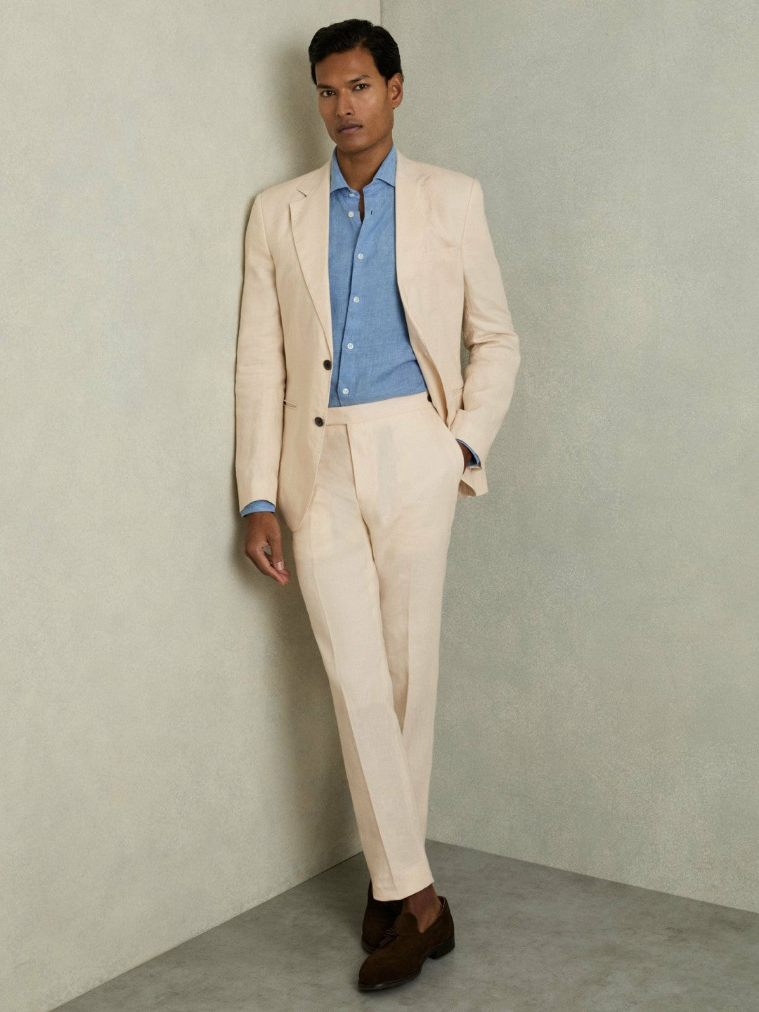 Reiss Slim Fit Linen Adjuster Trousers in Stone