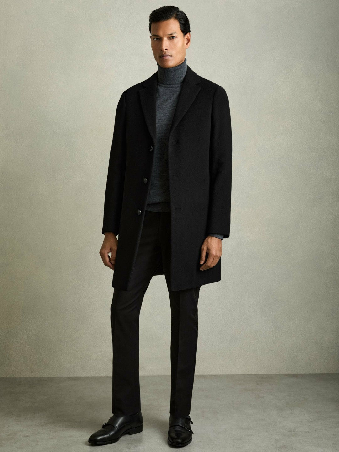 Reiss Wool Blend Single Breasted Epsom Overcoat in Black