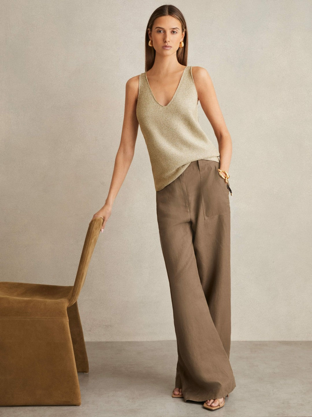 Reiss Metallic V-Neck Vest in Gold